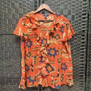 Chaps by Ralph Lauren Orange Aztec Pattern Ruffle Top Size 2X